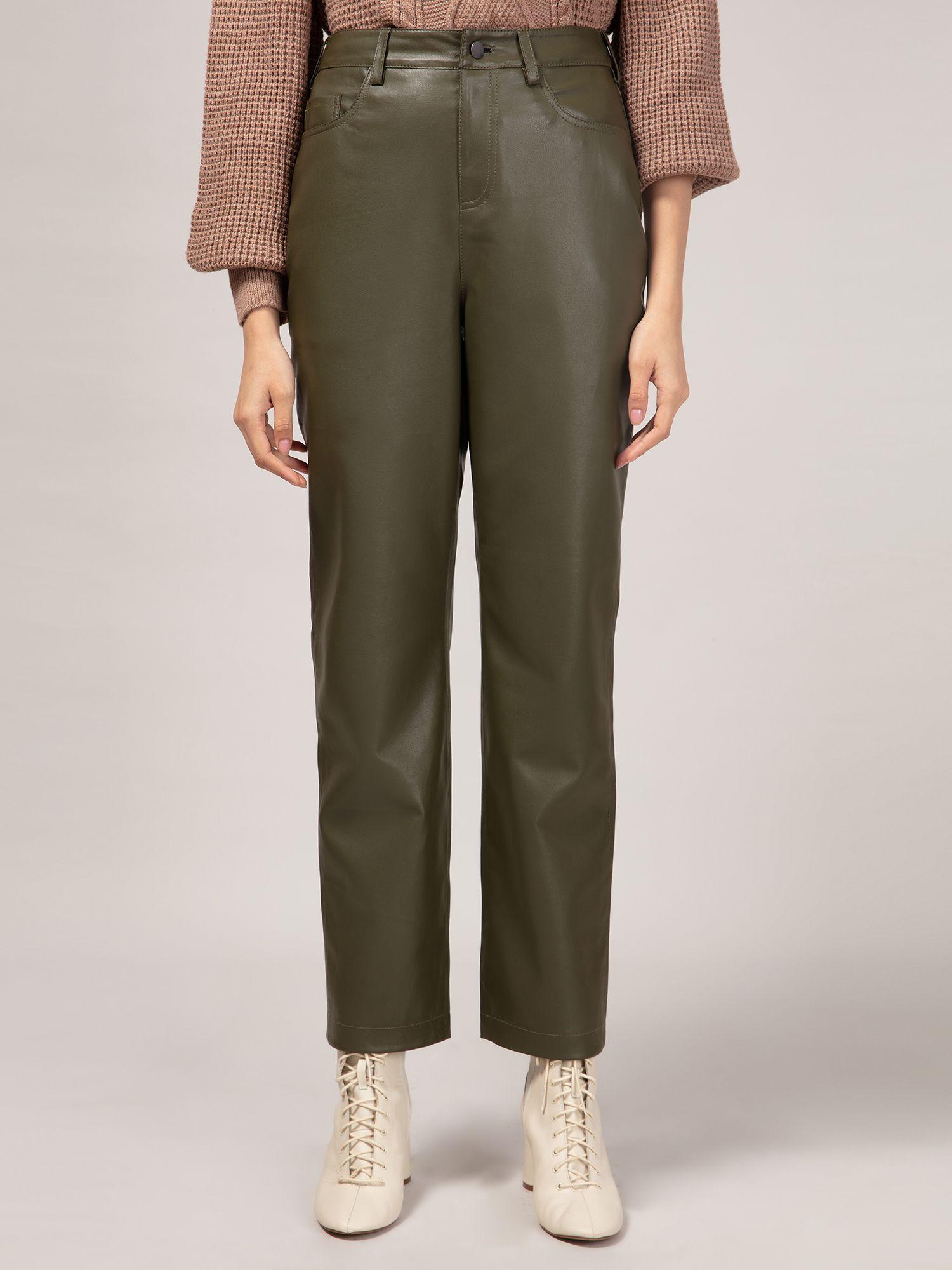 olive green straight fit faux leather pants