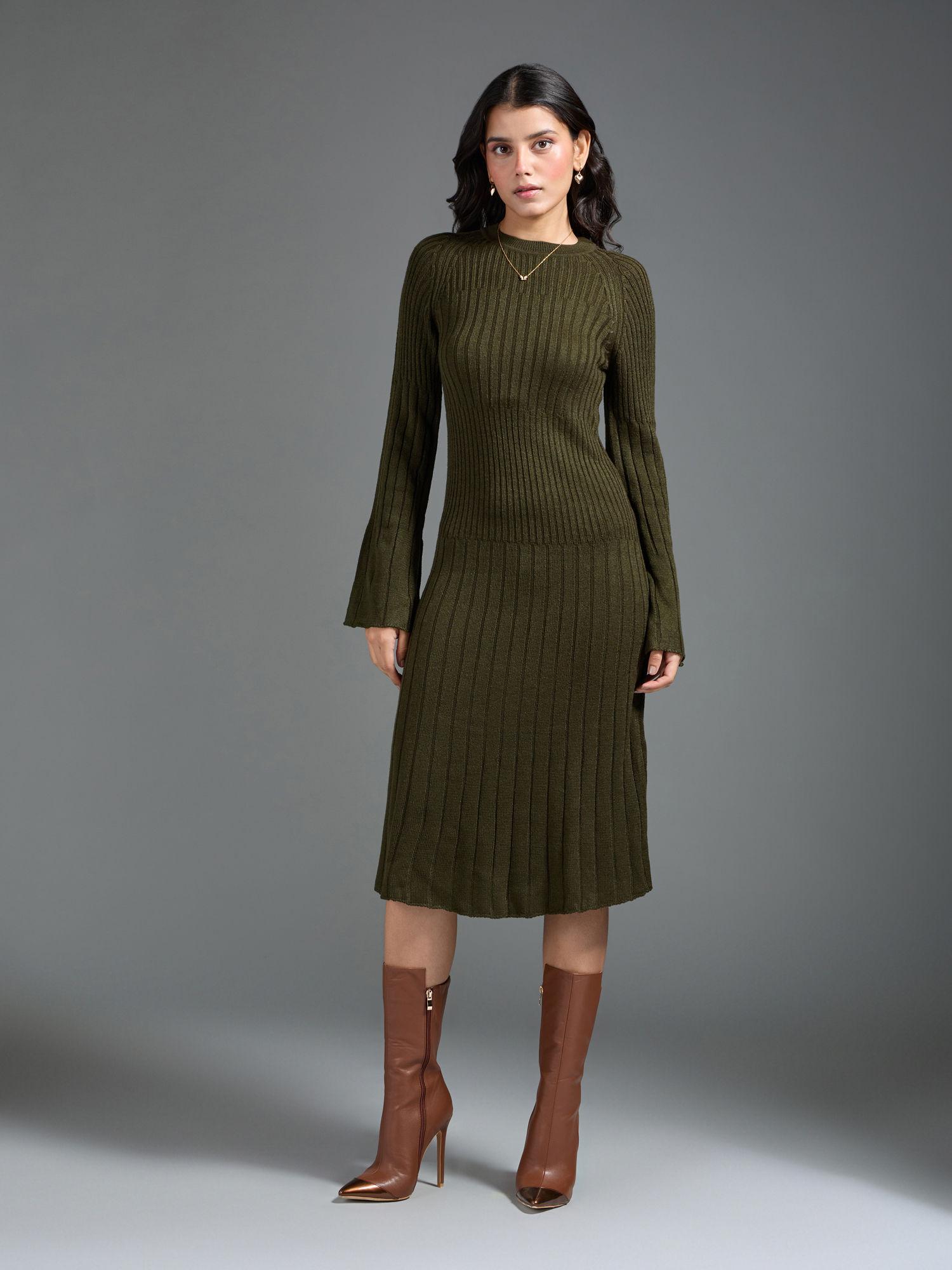 olive green textured fit and flare midi sweater dress