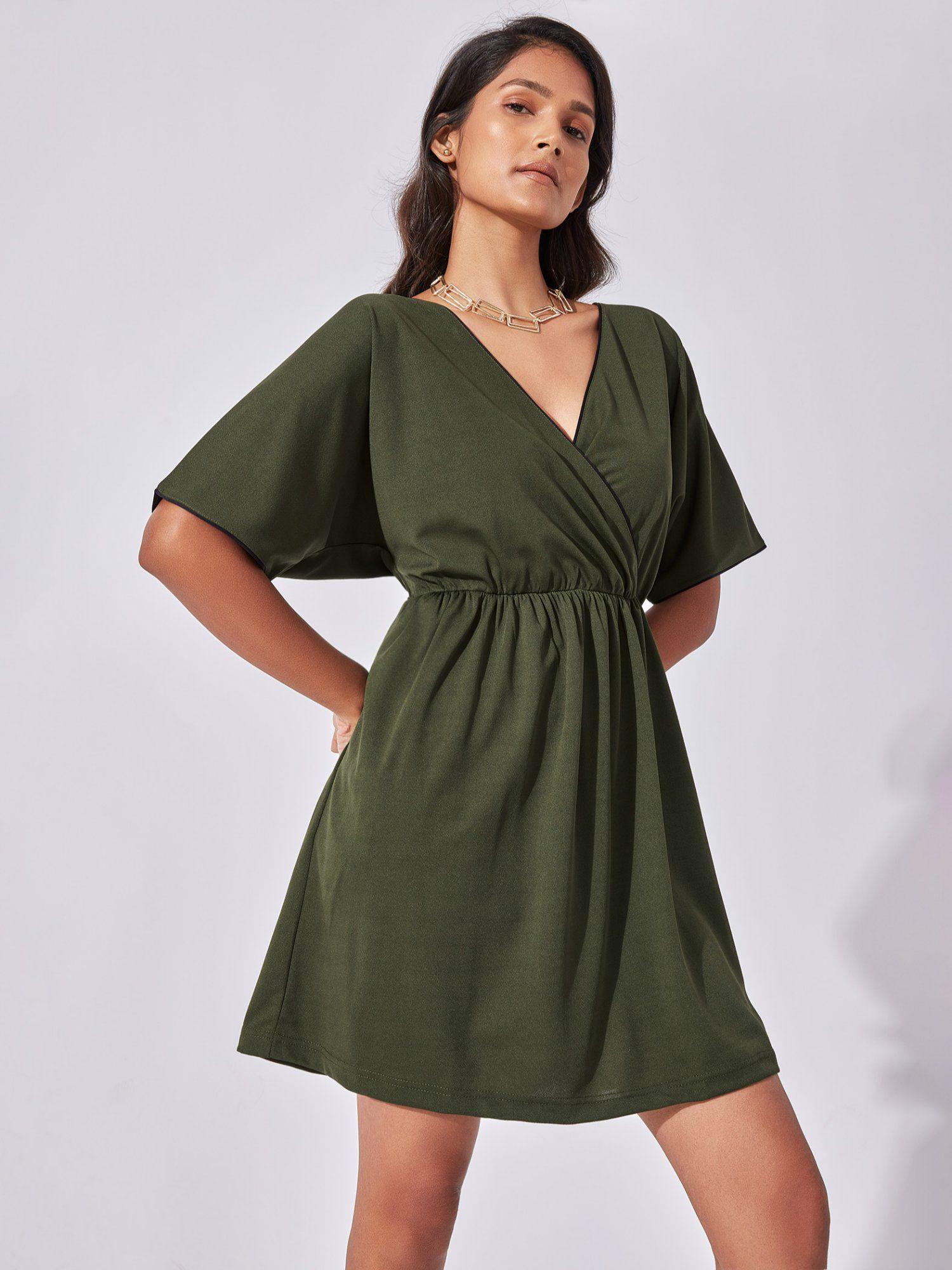 olive green textured overlap dress