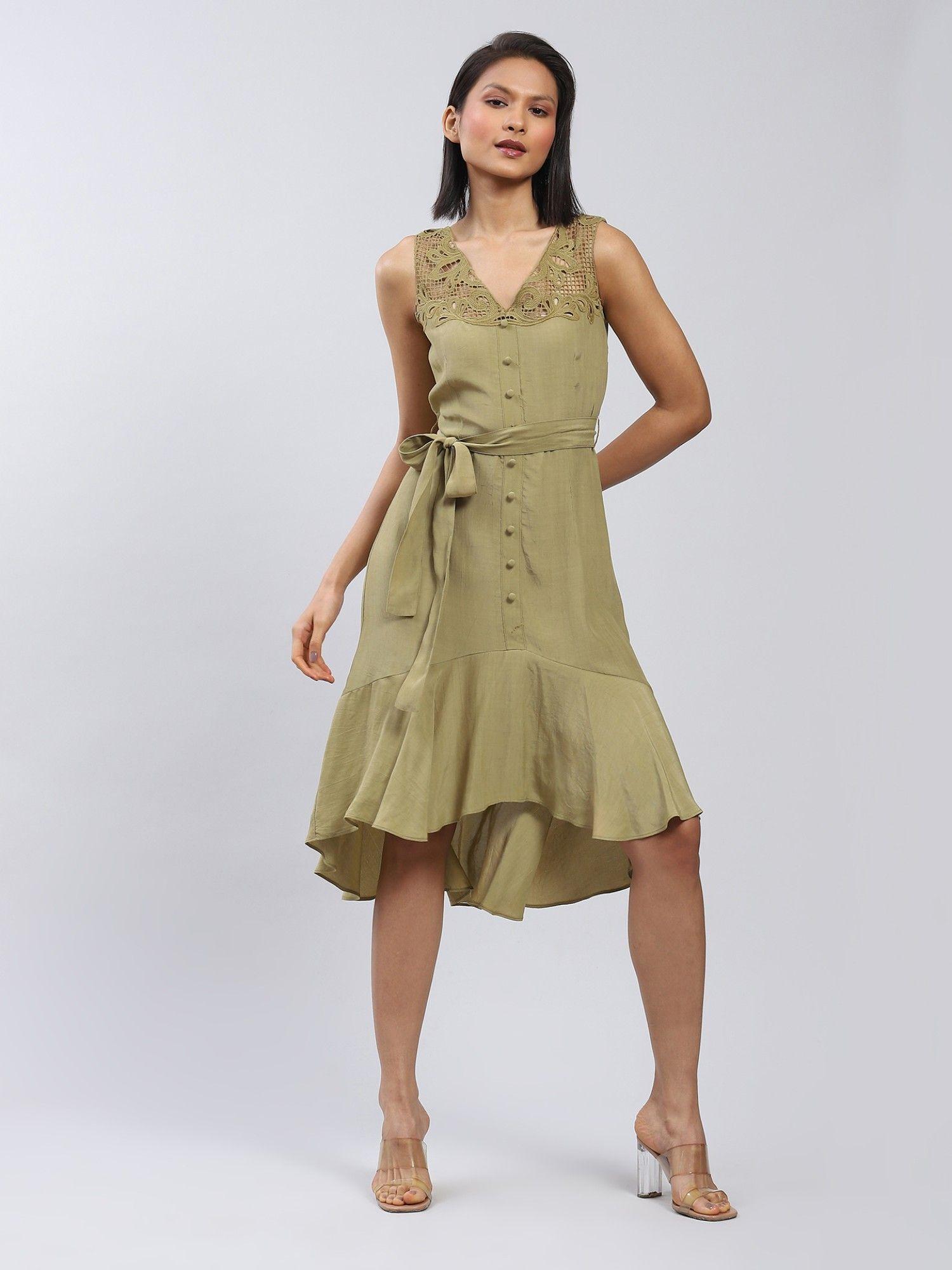 olive green tie up midi dress with belt (set of 2)