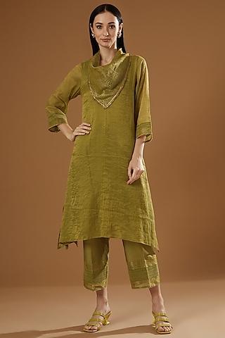 olive green tissue chanderi a-line kurta set