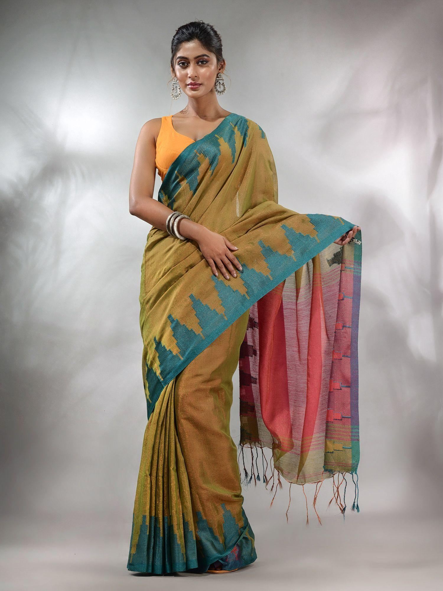 olive green tissue handwoven saree with temple borders & unstitched blouse