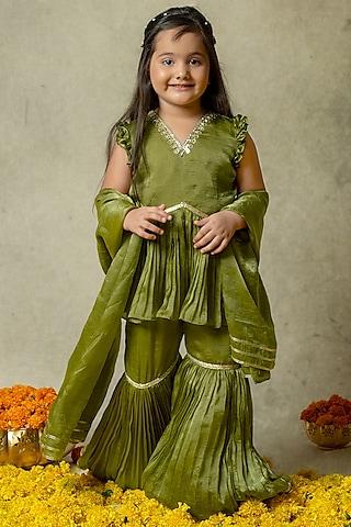 olive green tissue sharara set for girls