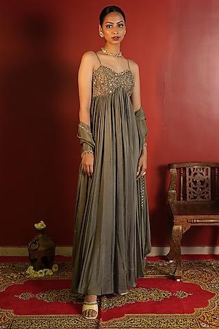 olive green upada silk embellished anarkali set