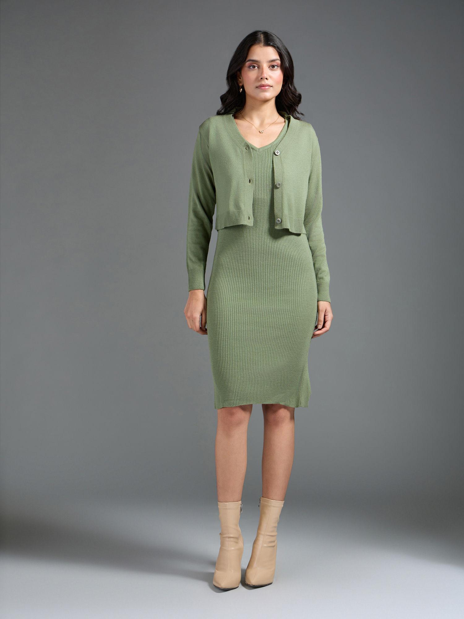 olive green v neck fitted sweater dress with crop cardigan set (set of 2)