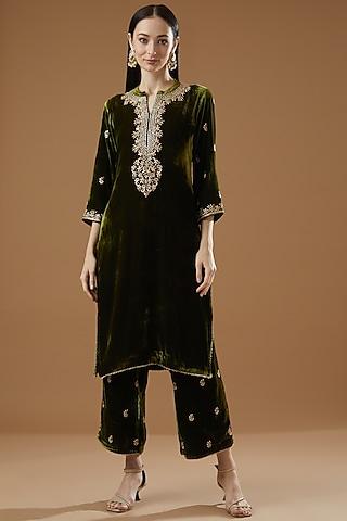 olive green velvet embroidered kurta set