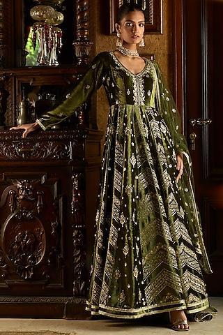 olive green velvet sequins embroidered anarkali set