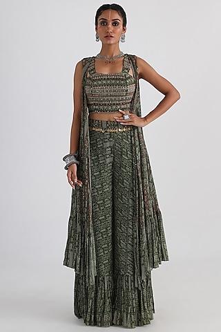 olive green viscose & taffeta printed cape set