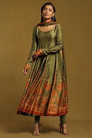 olive green viscose embroidered anarkali kurta set