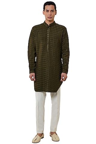 olive green viscose embroidered kurta