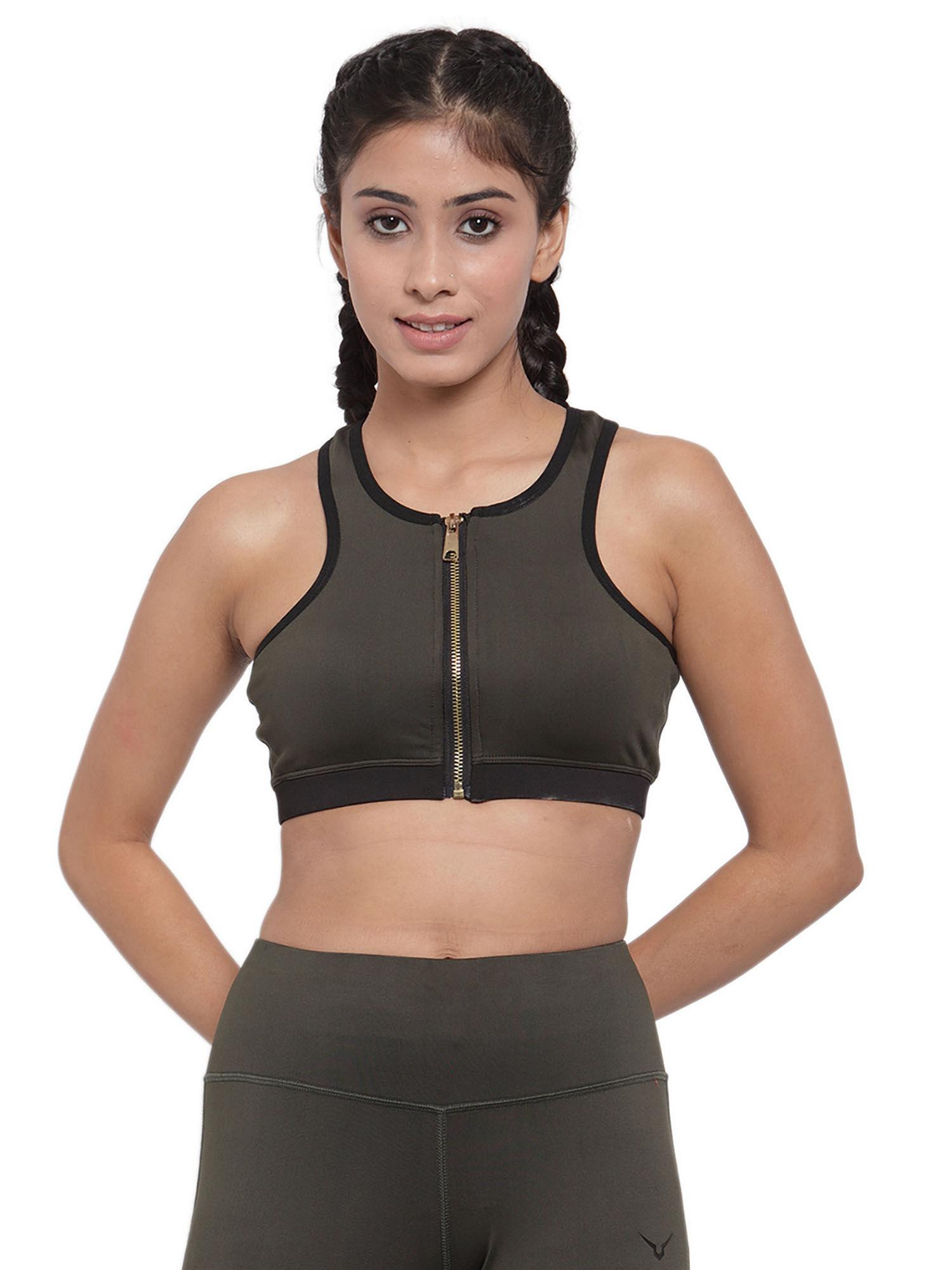 olive green womens front zip sports bra