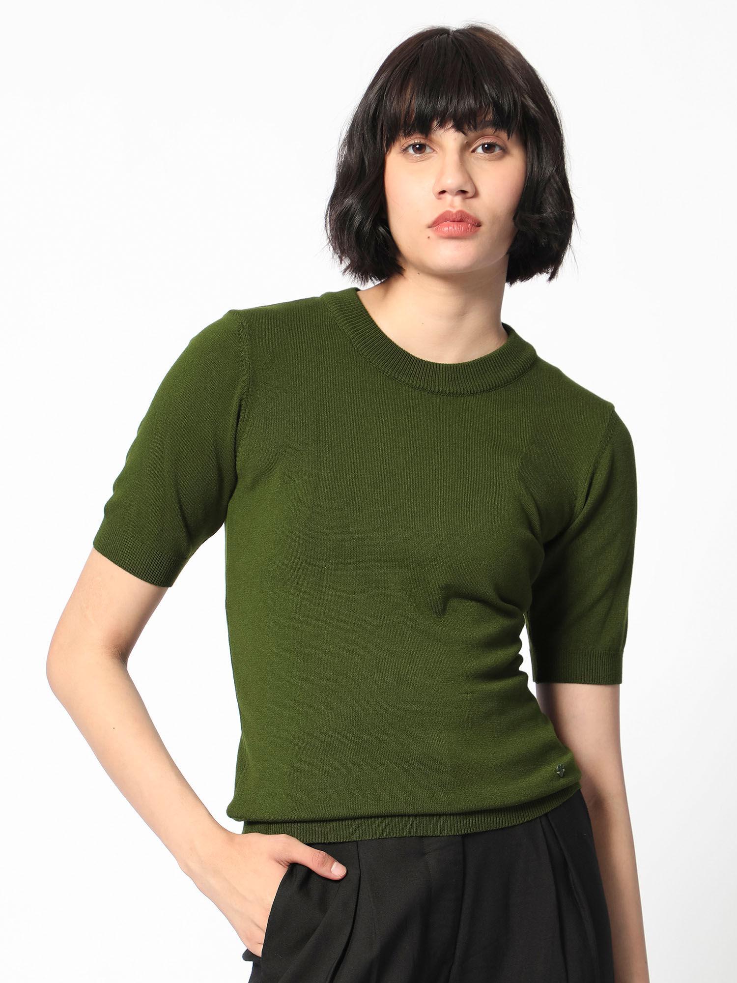 olive half sleeve round neck sweater