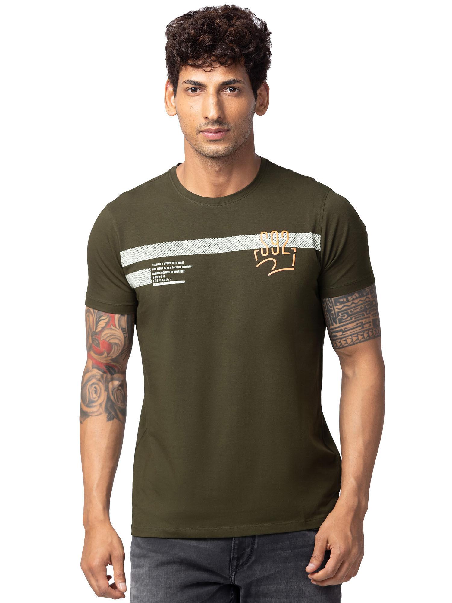 olive half sleeves blended t-shirt for men