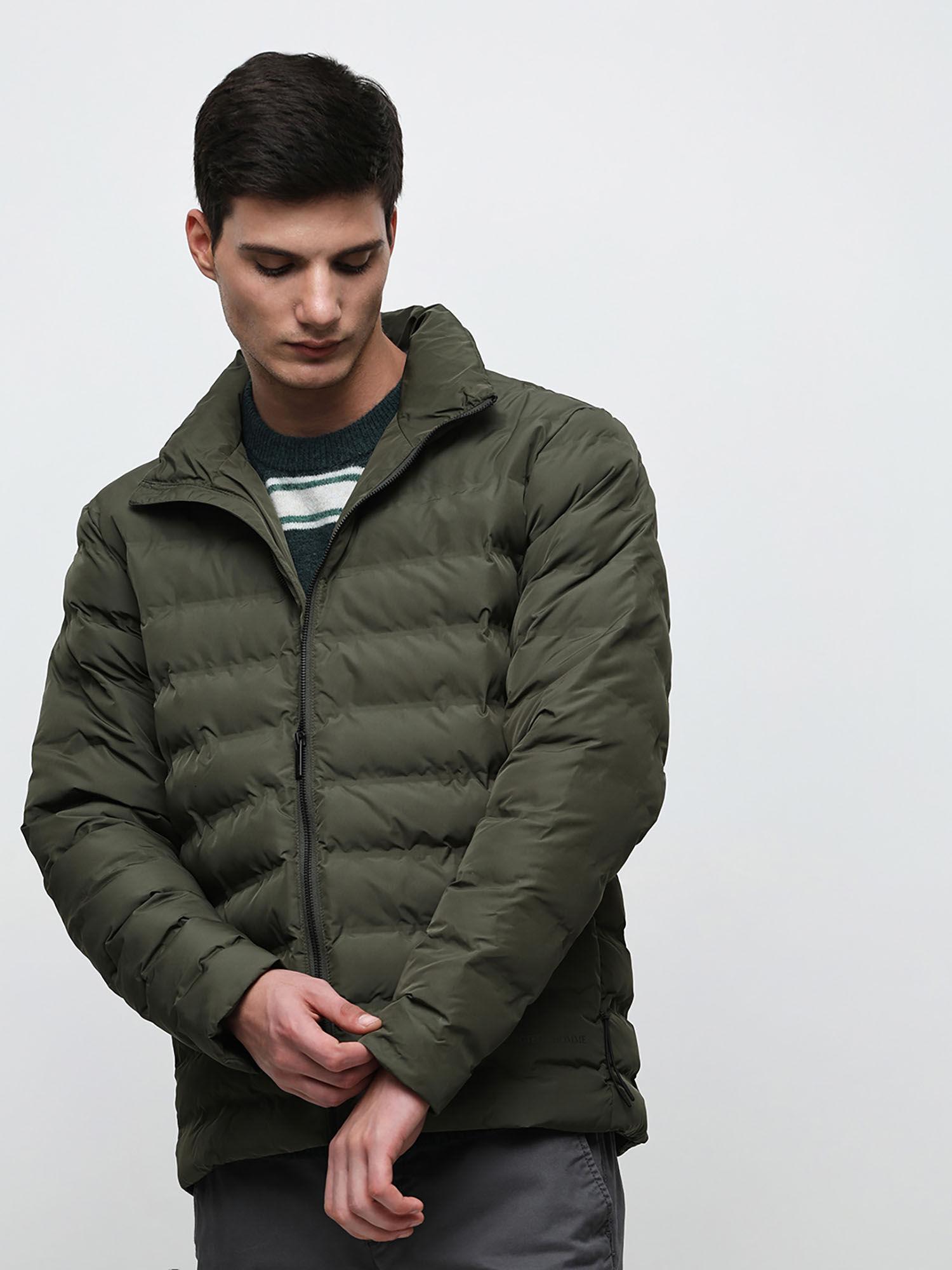 olive high neck quilted jacket