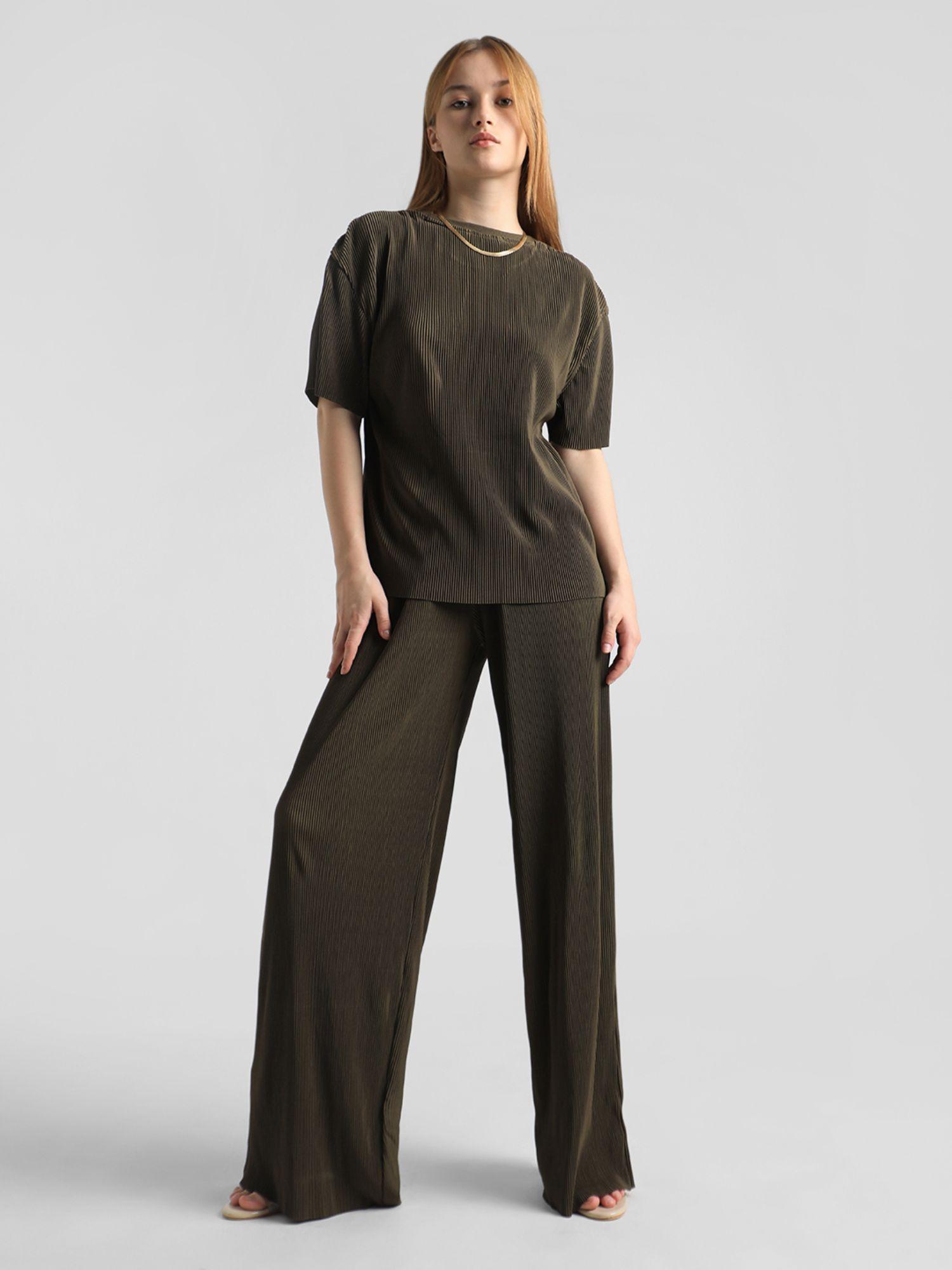 olive high rise pleated wide leg pants