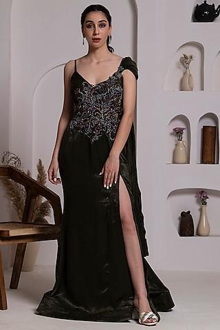 olive imported satin floral embroidered gown