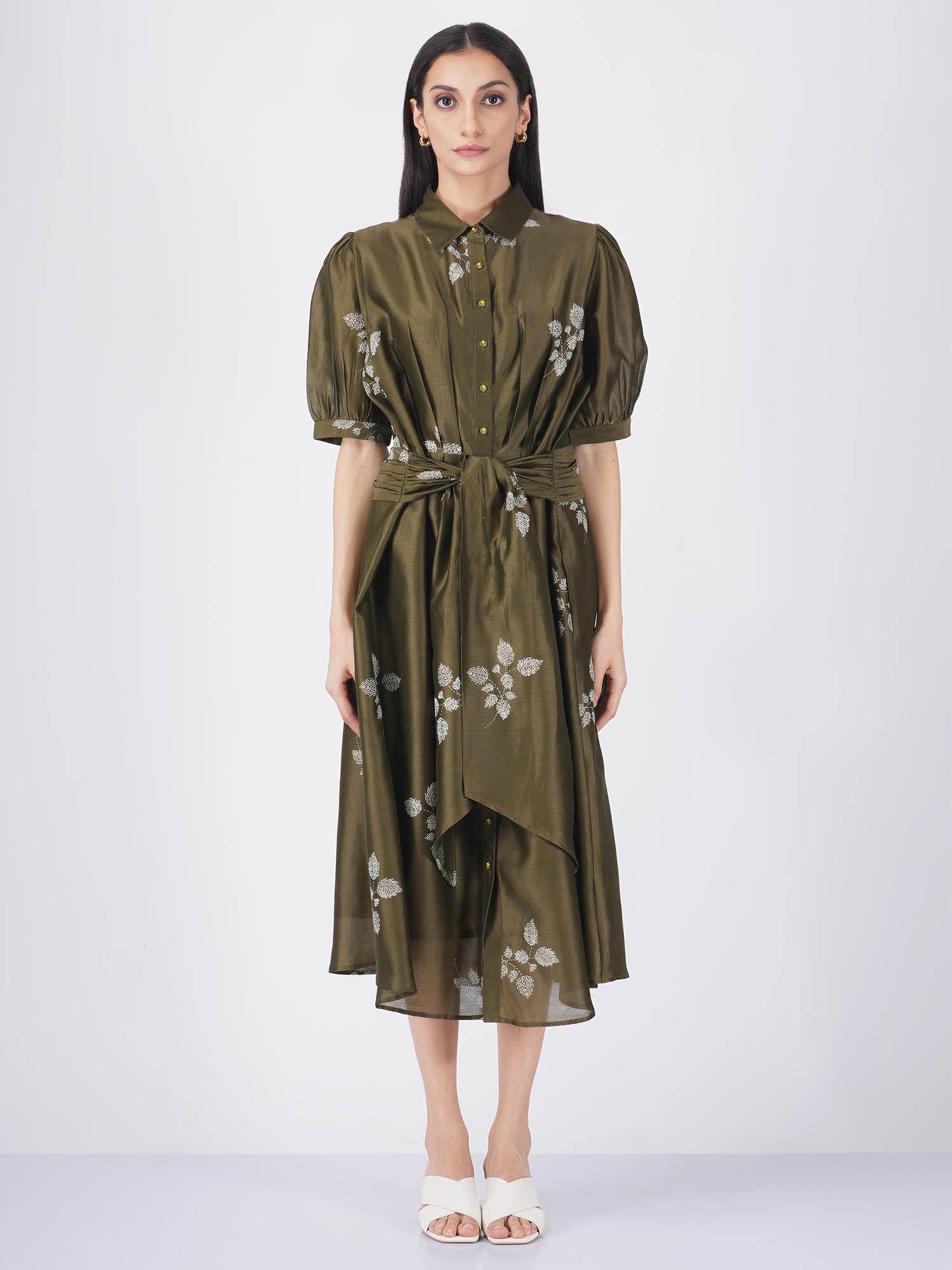 olive leaf print puff sleeve dress with slip (set of 2)