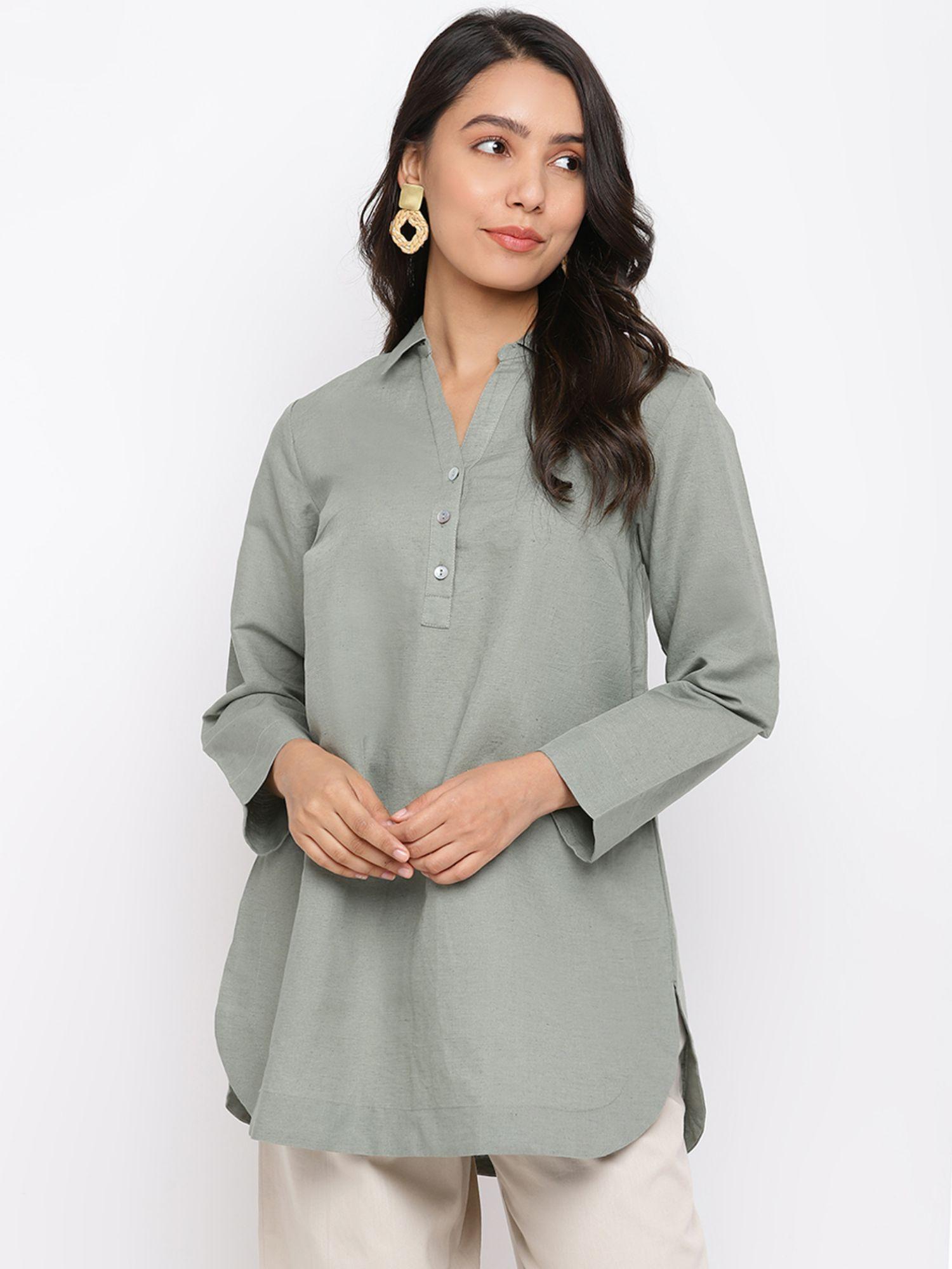 olive linen blend thigh length tunic