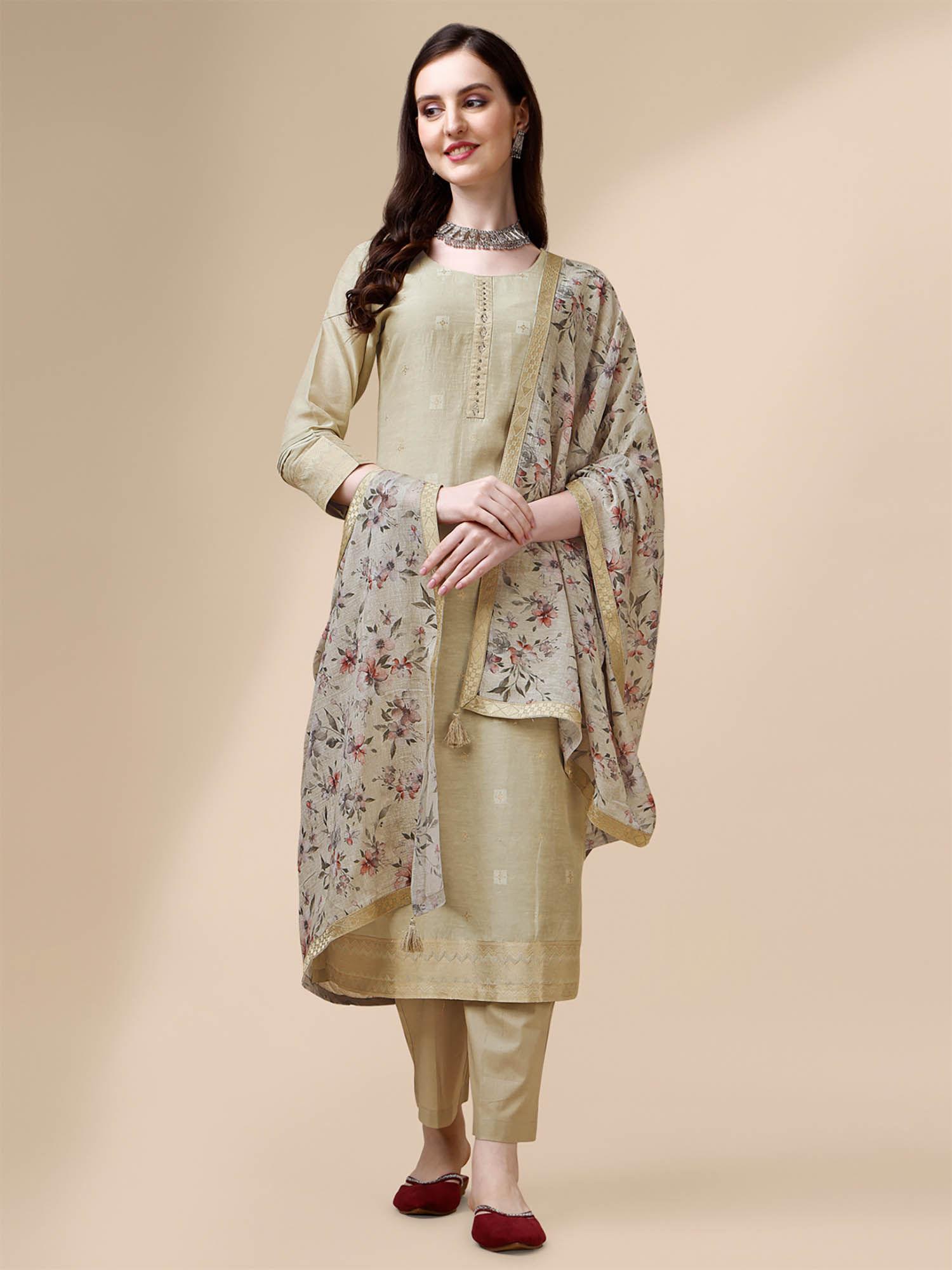olive linen jacquard straight kurta with trousers and linen printed dupatta (set of 3)