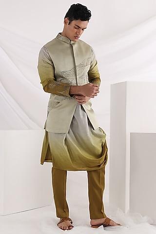 olive linen satin embroidered nehru jacket