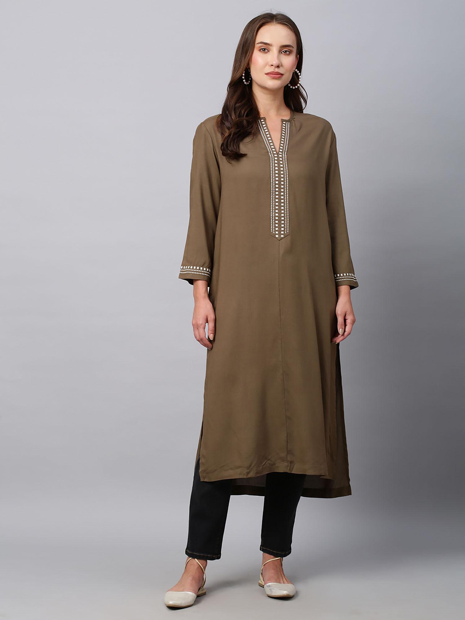 olive longline rayon kurta with embroidery