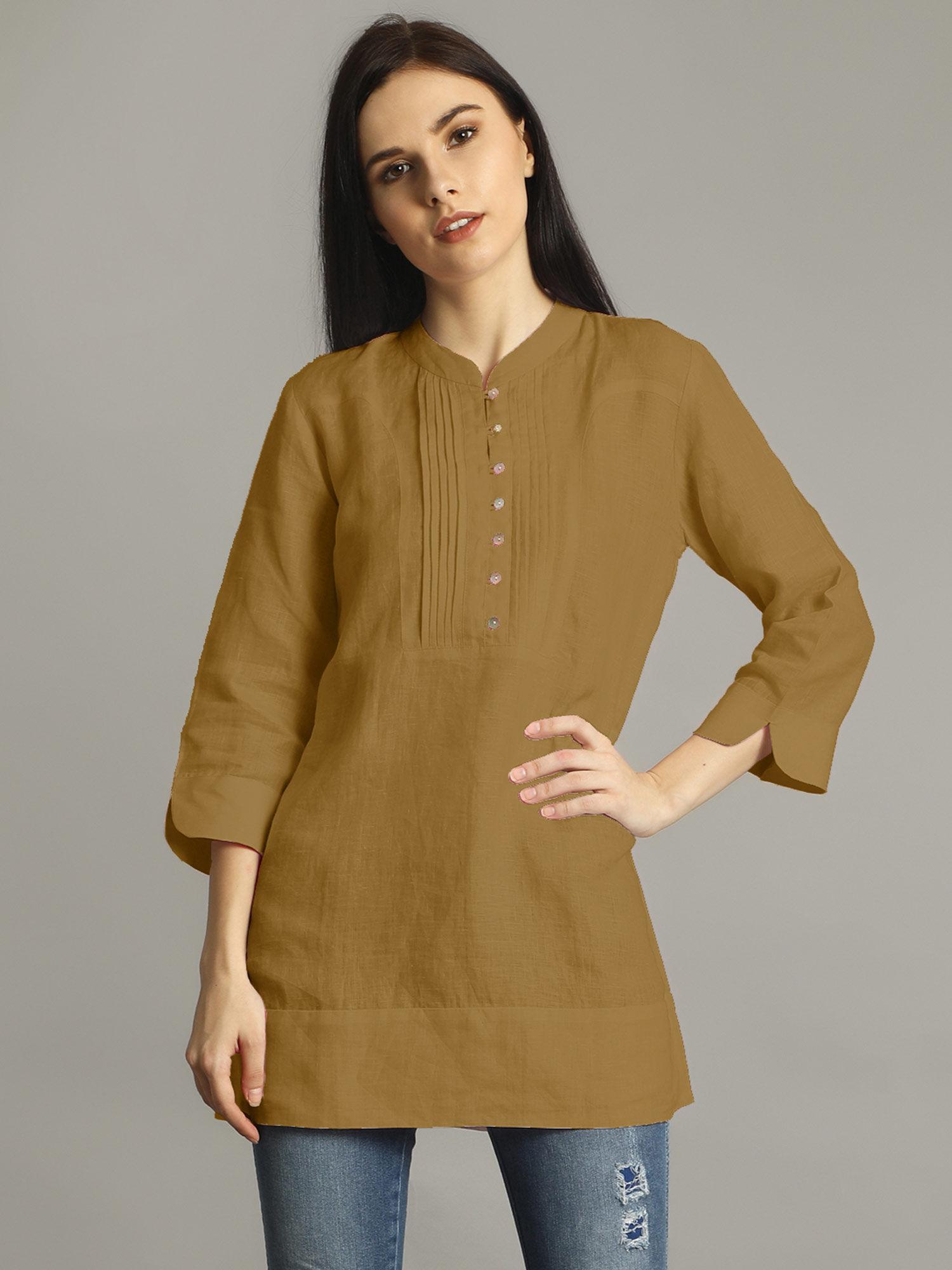 olive mandarin neck pleated tunic