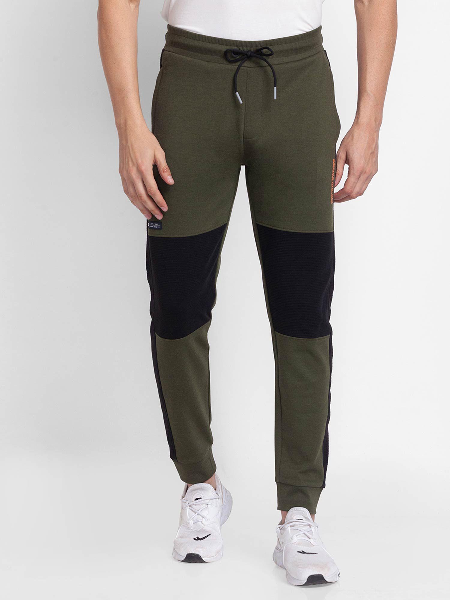 olive melange cotton slim fit trackpants for men