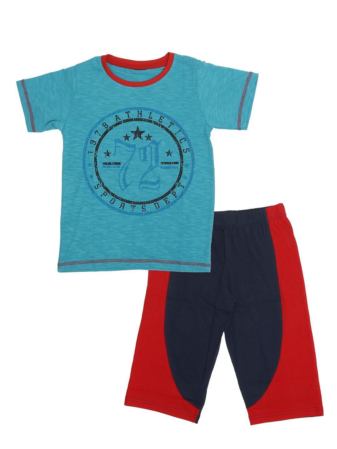olive mist boys blue & red printed cotton t-shirt with shorts