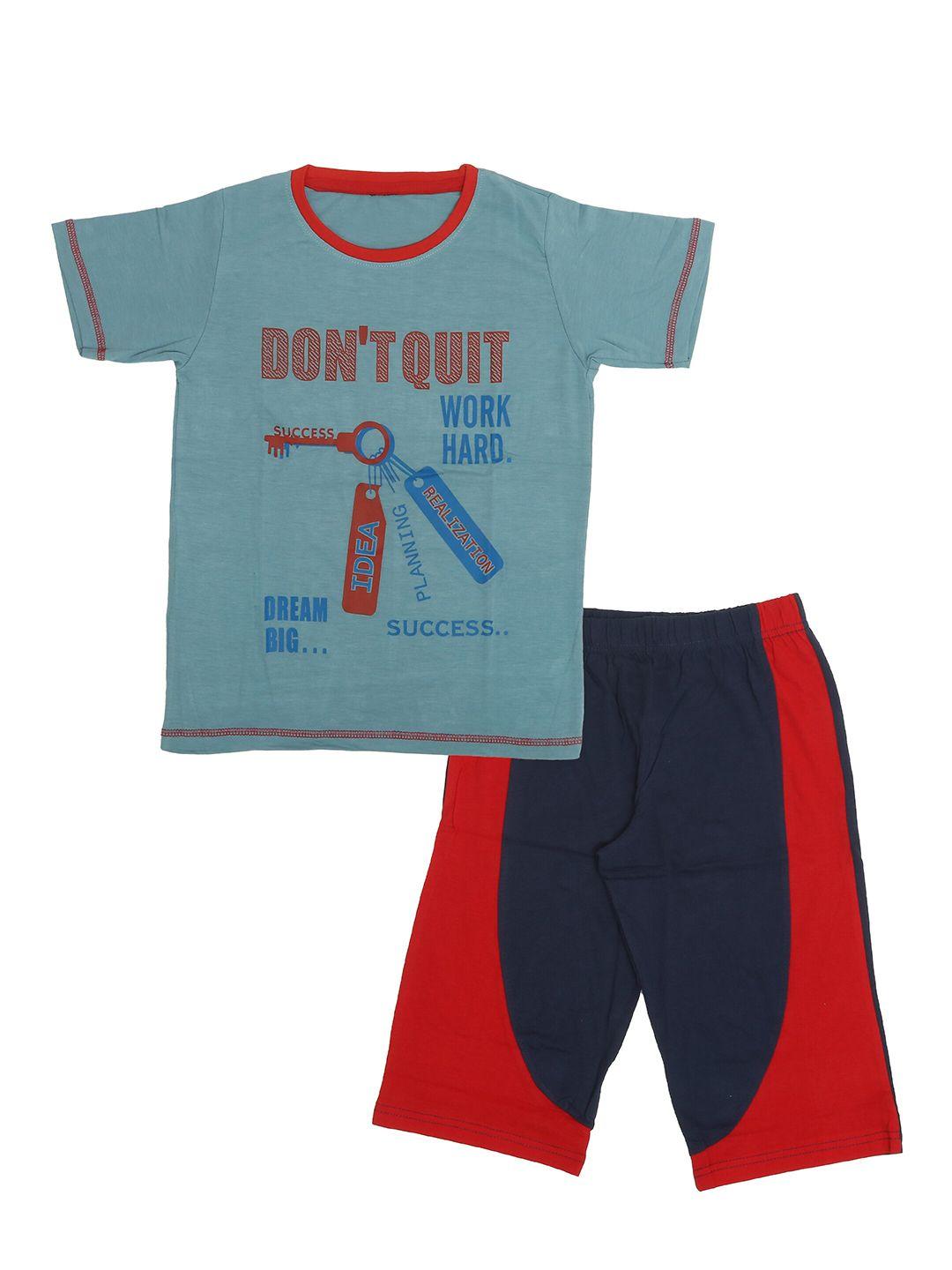 olive mist boys blue & red printed cotton t-shirt with shorts