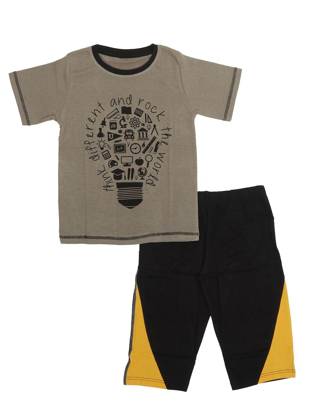 olive mist boys grey & black printed pure cotton t-shirt with shorts