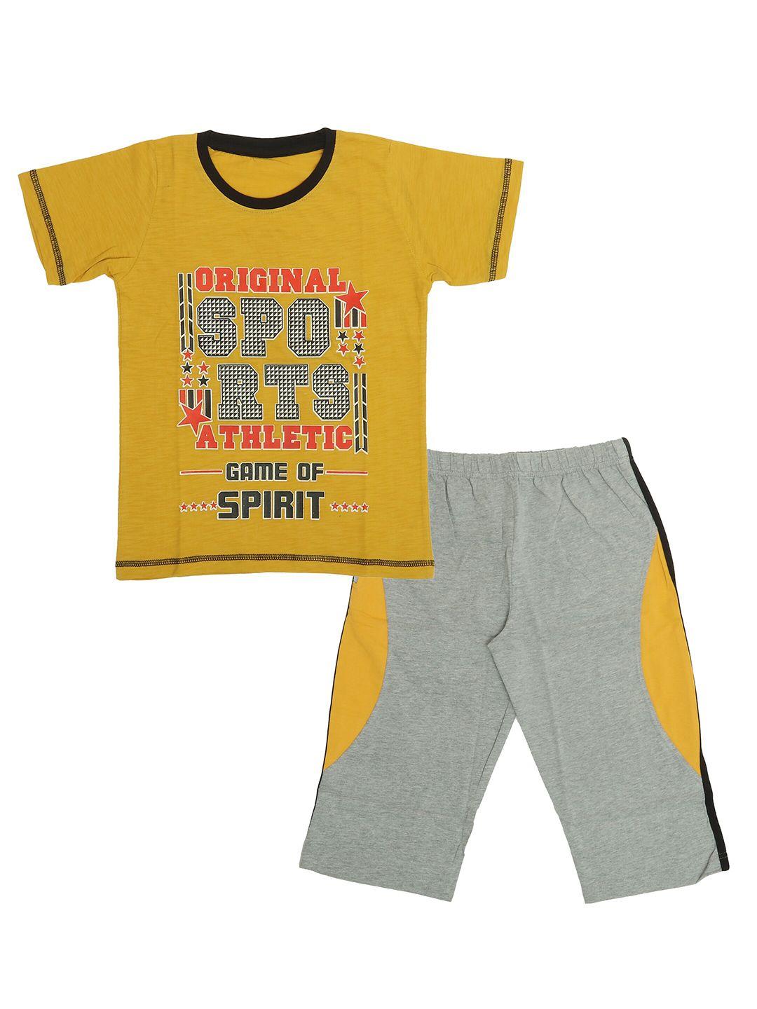 olive mist boys mustard & grey printed pure cotton t-shirt with shorts