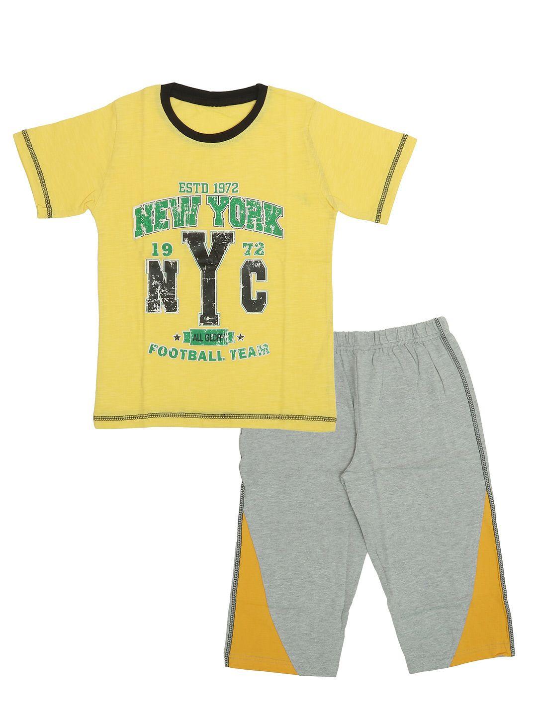 olive mist boys yellow & grey printed pure cotton t-shirt with shorts