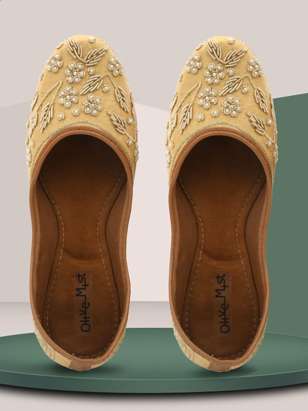 olive mist embellished ethnic mojaris flats