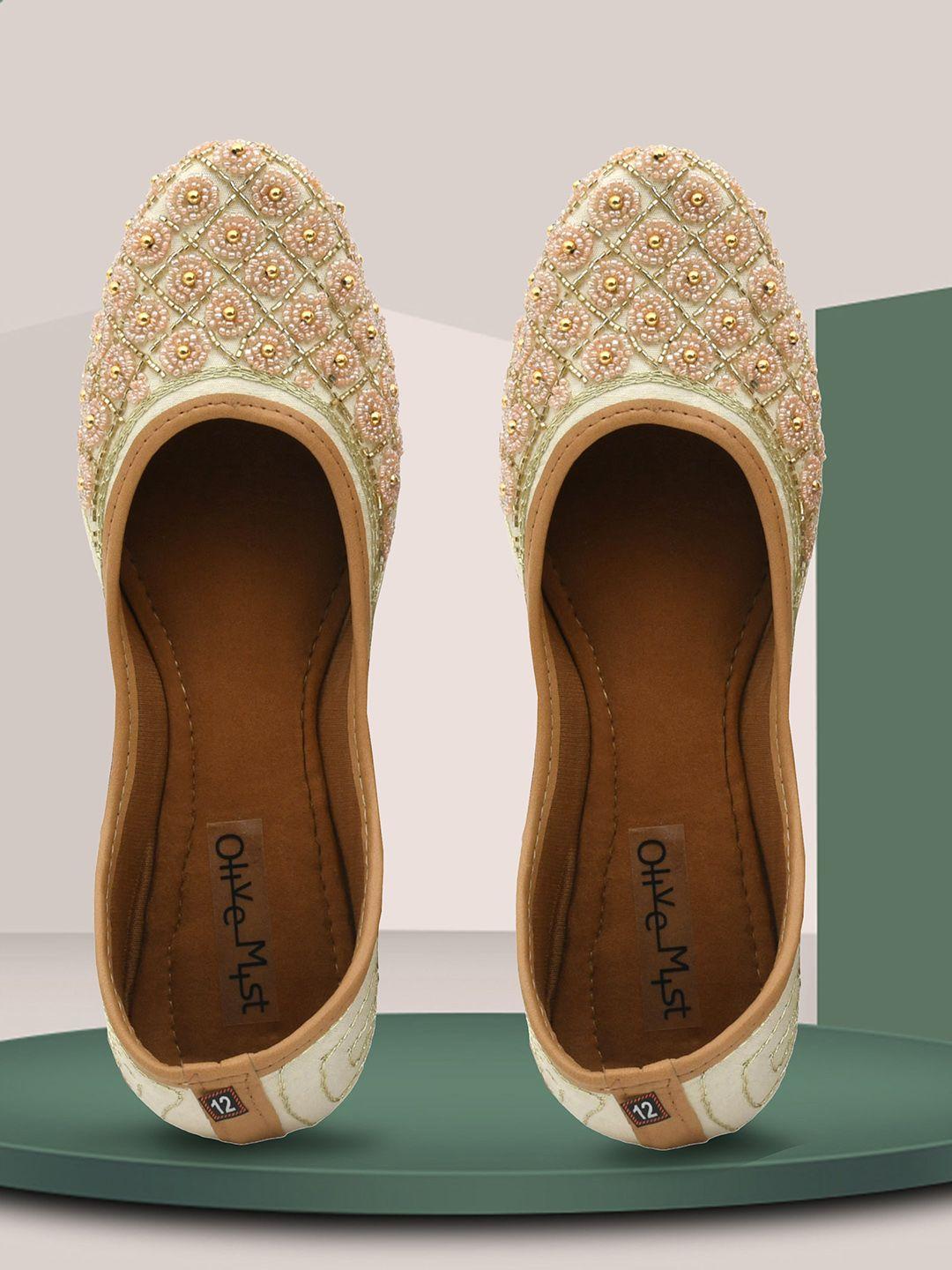 olive mist embellished ethnic mojaris flats