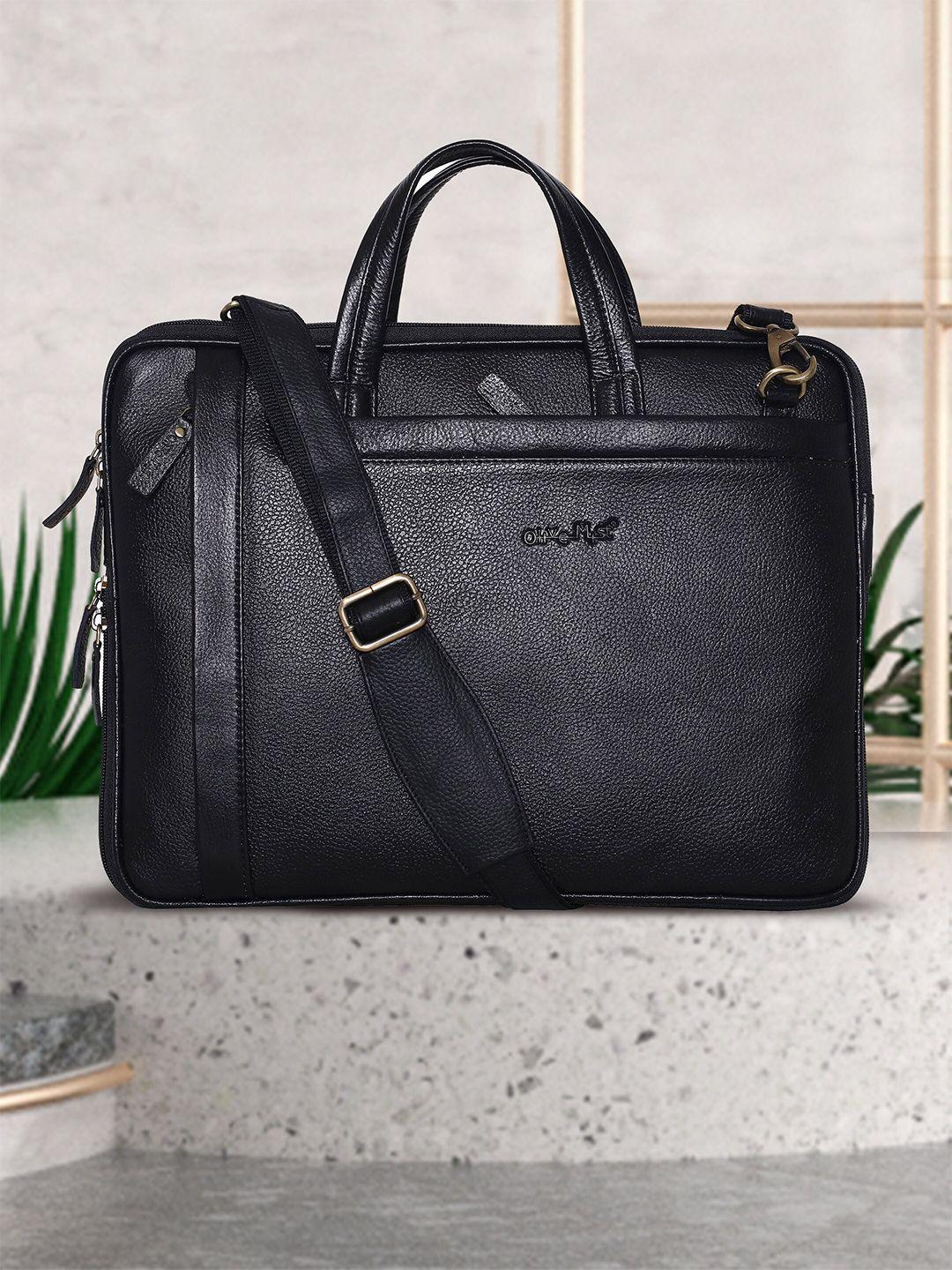 olive mist unisex black leather laptop bag