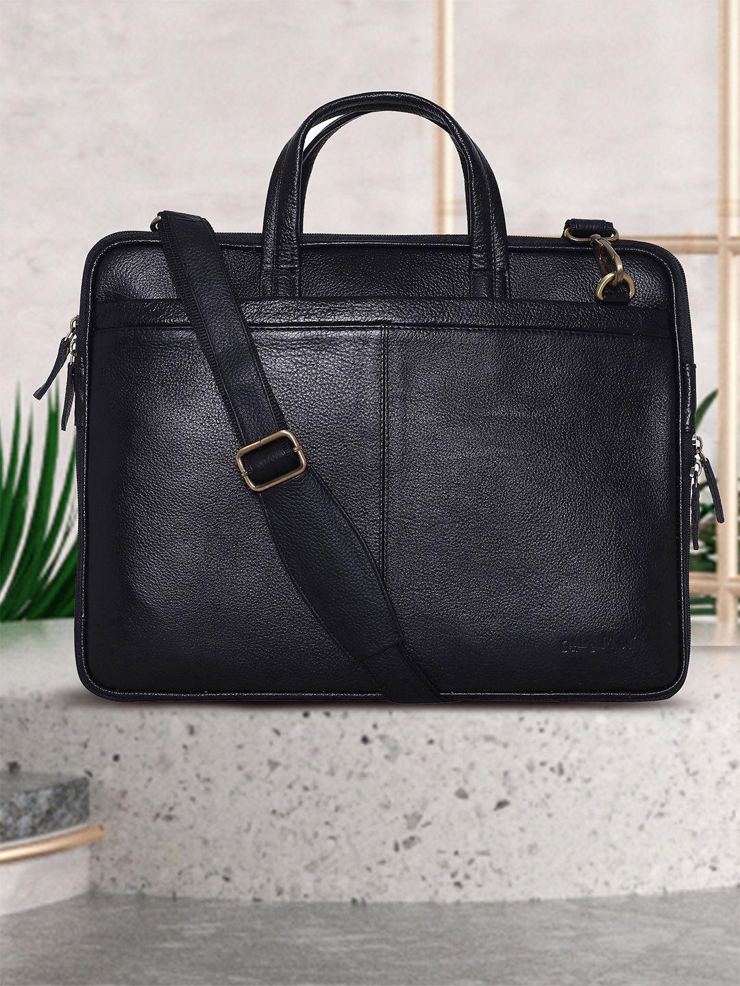 olive mist unisex black leather laptop bag