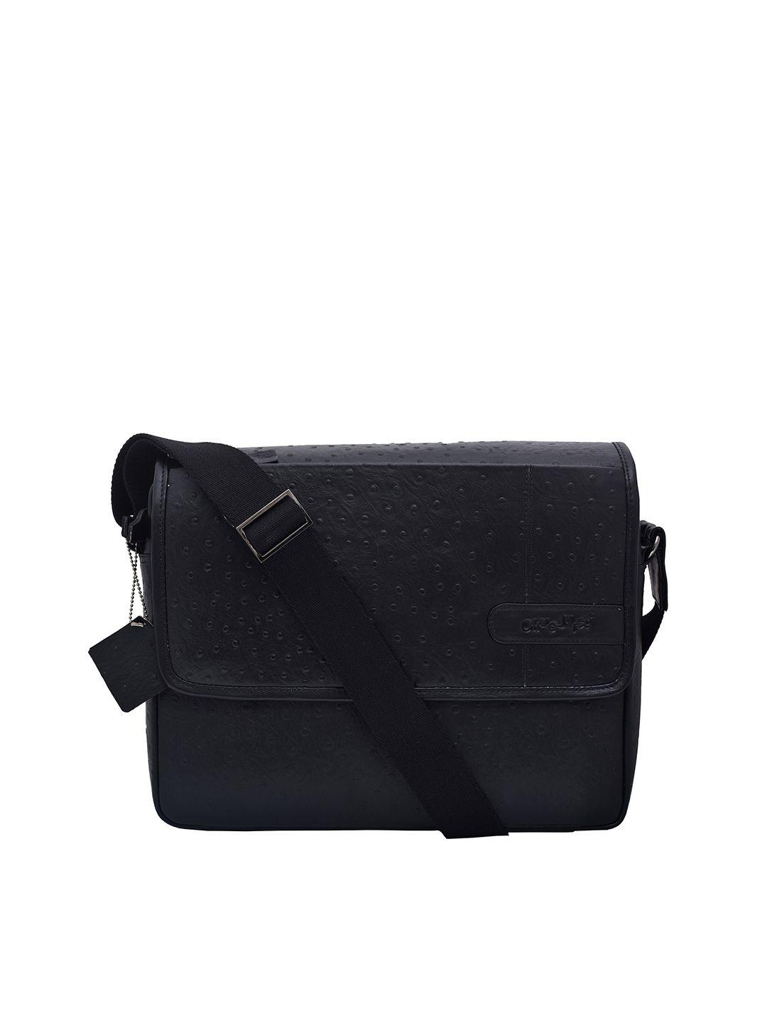 olive mist unisex black textured leather laptop bag