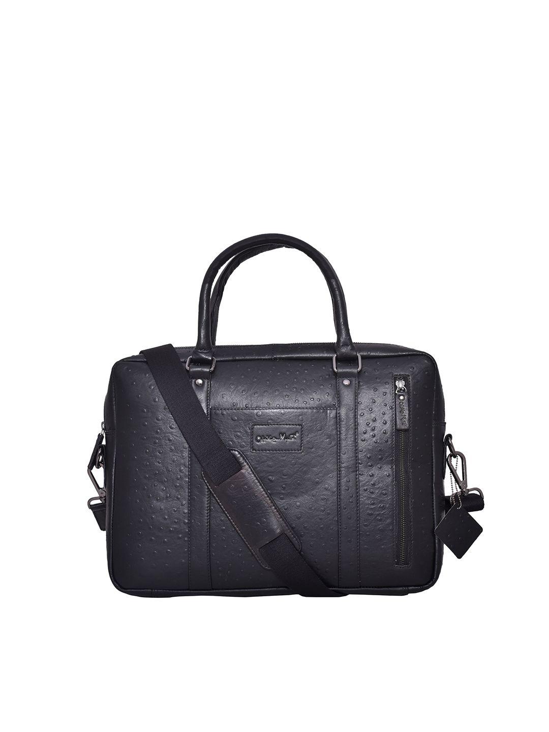 olive mist unisex black textured leather laptop bag