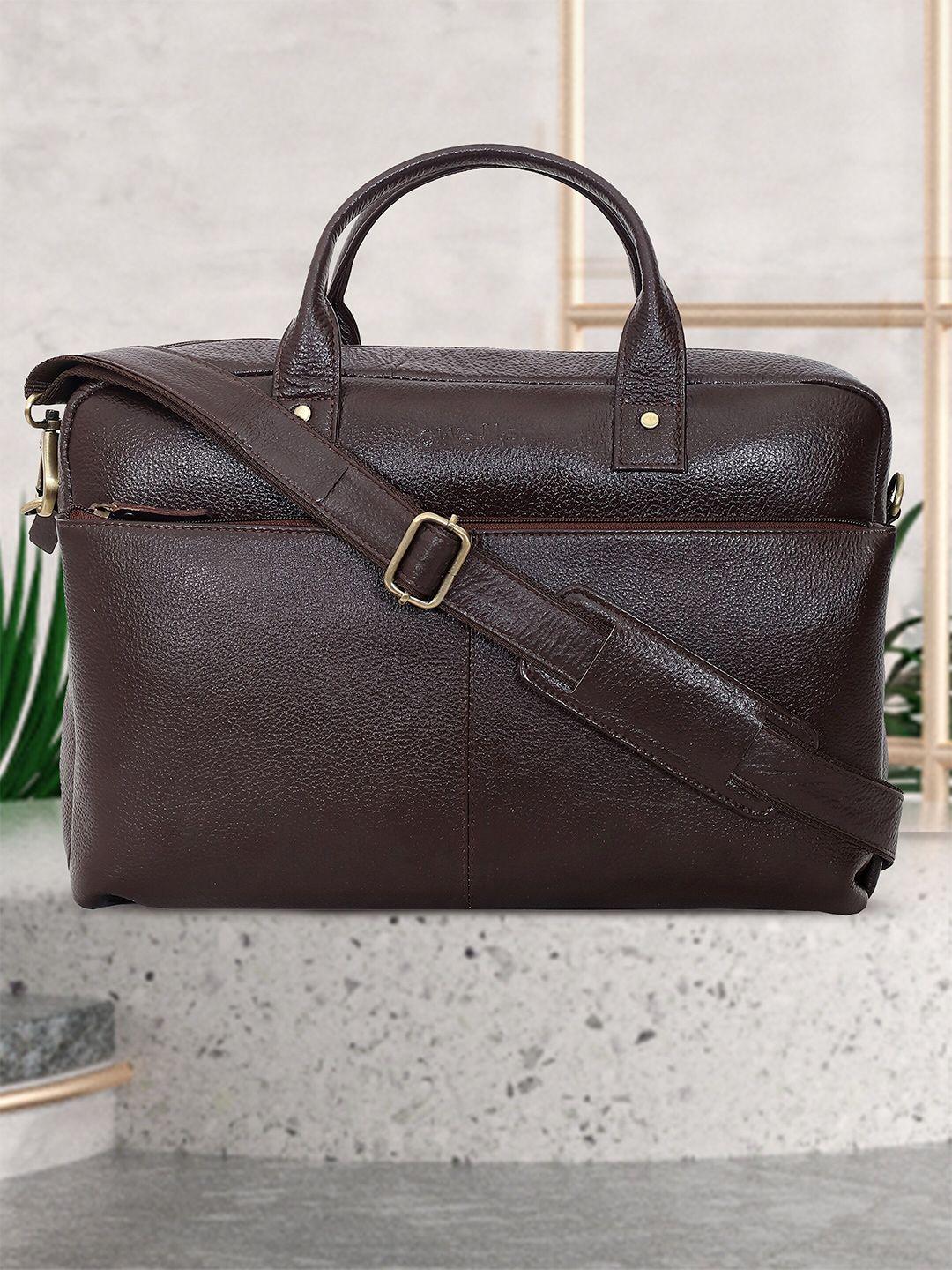 olive mist unisex brown & gold-toned textured leather laptop bag