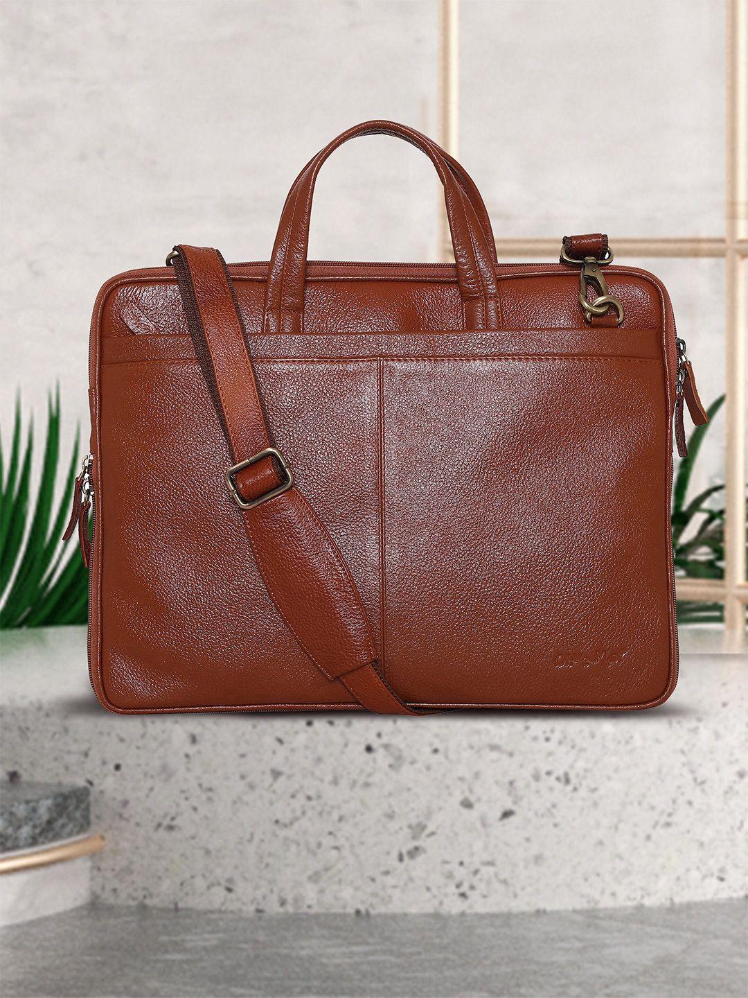 olive mist unisex tan & silver-toned leather laptop bag