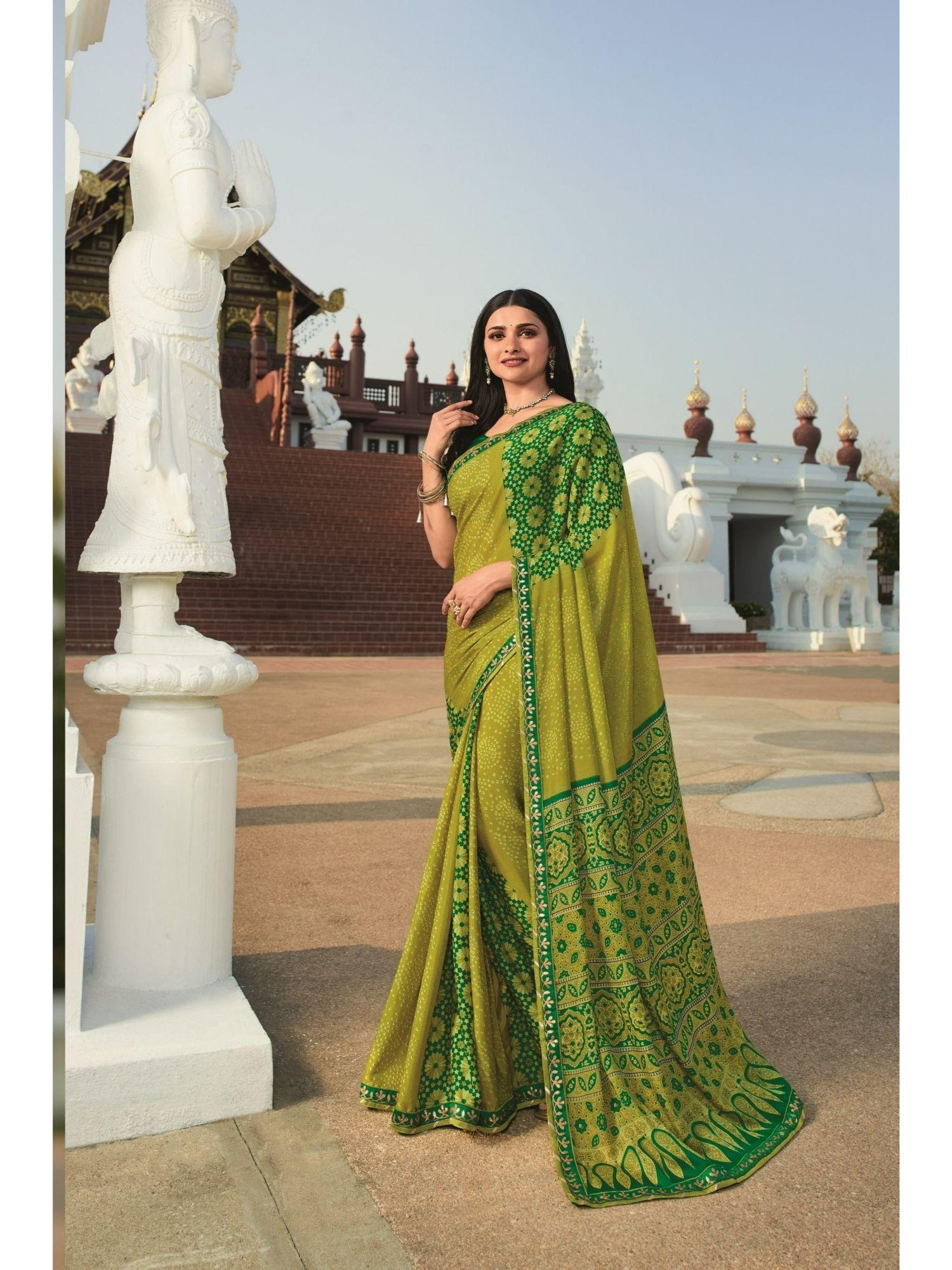 olive moss chiffon printed saree & mono banglory with unstitched blouse