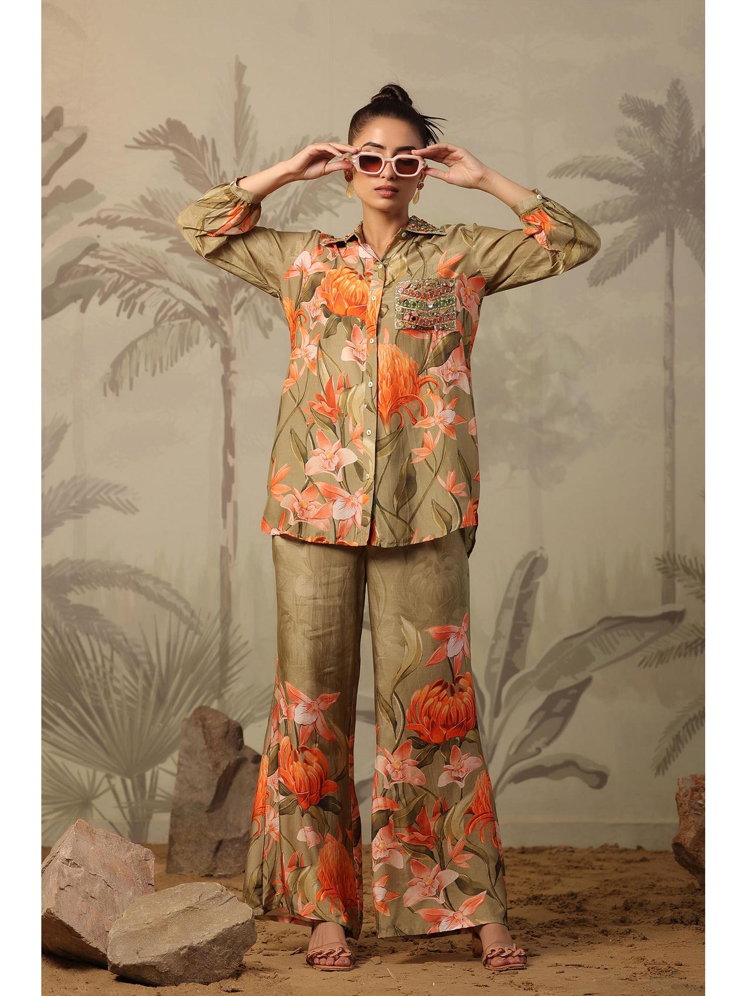 olive muslin silk floral print embellished shirt & palazzo (set of 2)