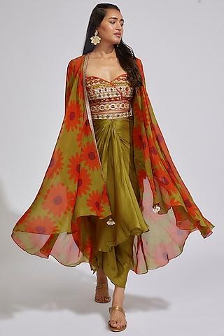 olive organza printed & embroidered cape set