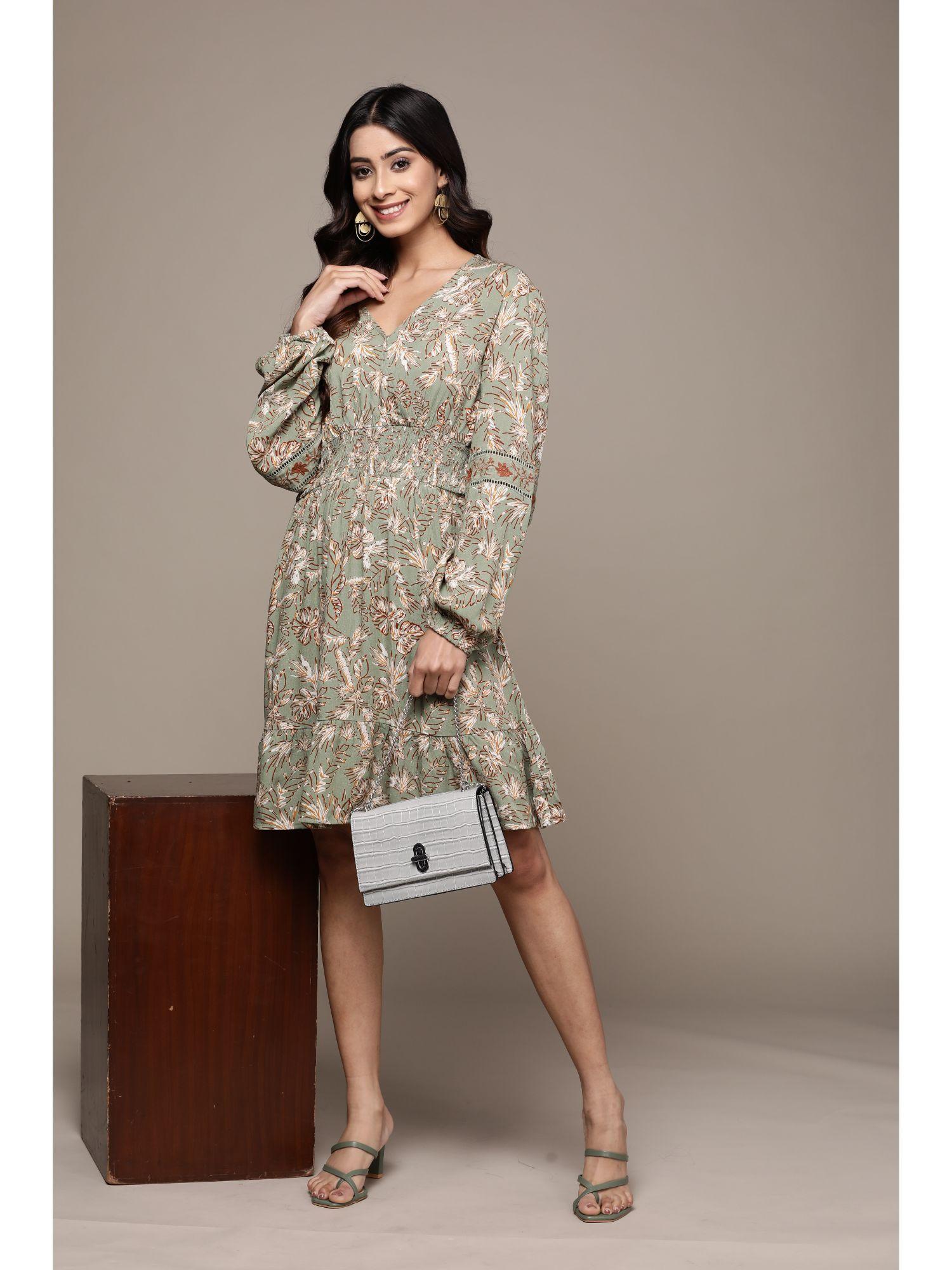 olive paisley printed knee length dress