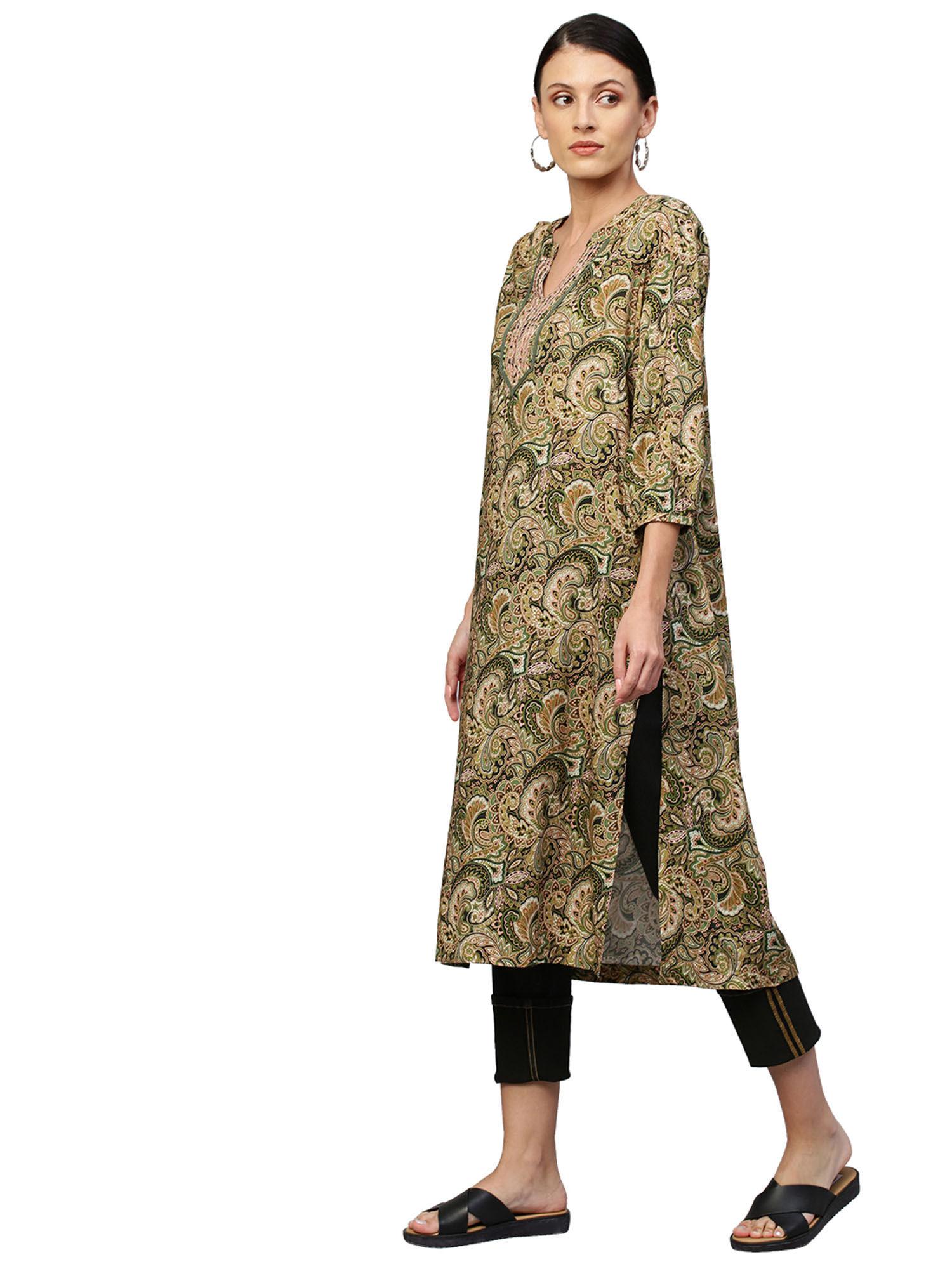 olive paisley printed rayon kurta