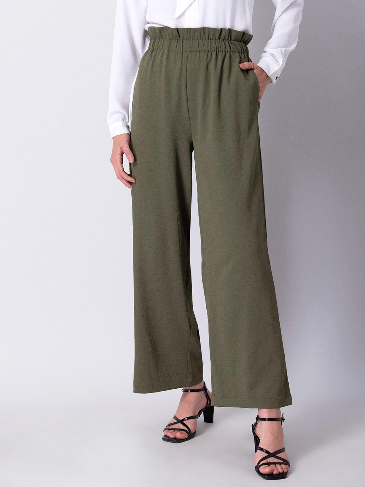 olive paper bag high waist wide legged trousers