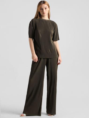 olive pleated co-ord set t-shirt