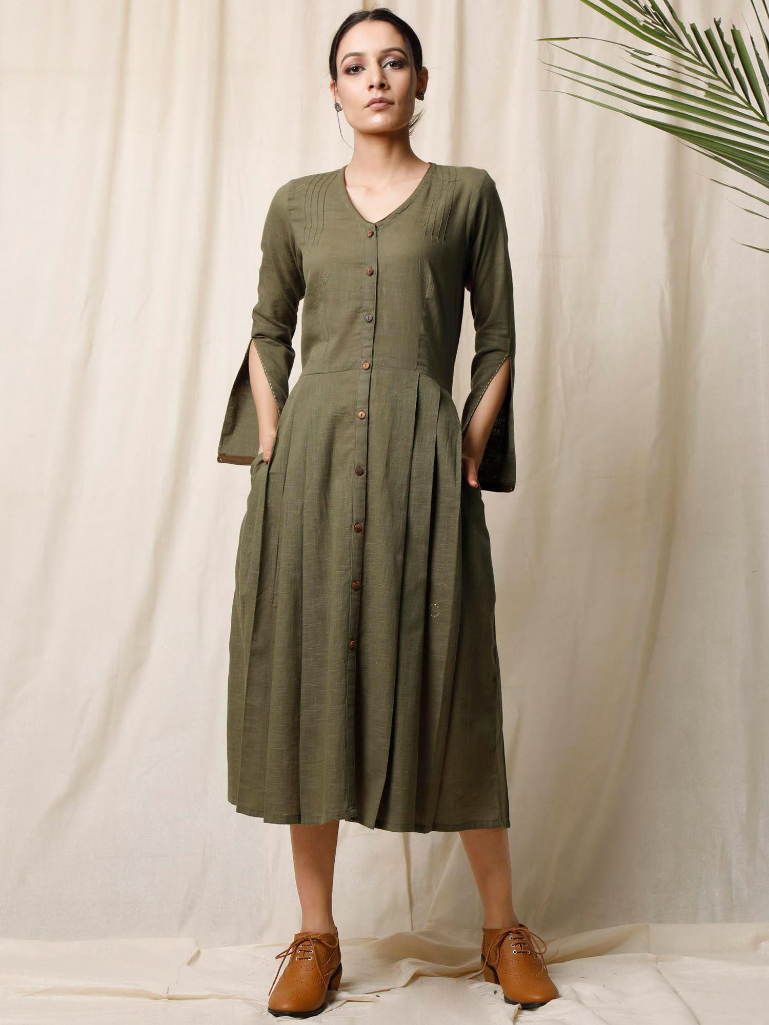 olive pleated dress