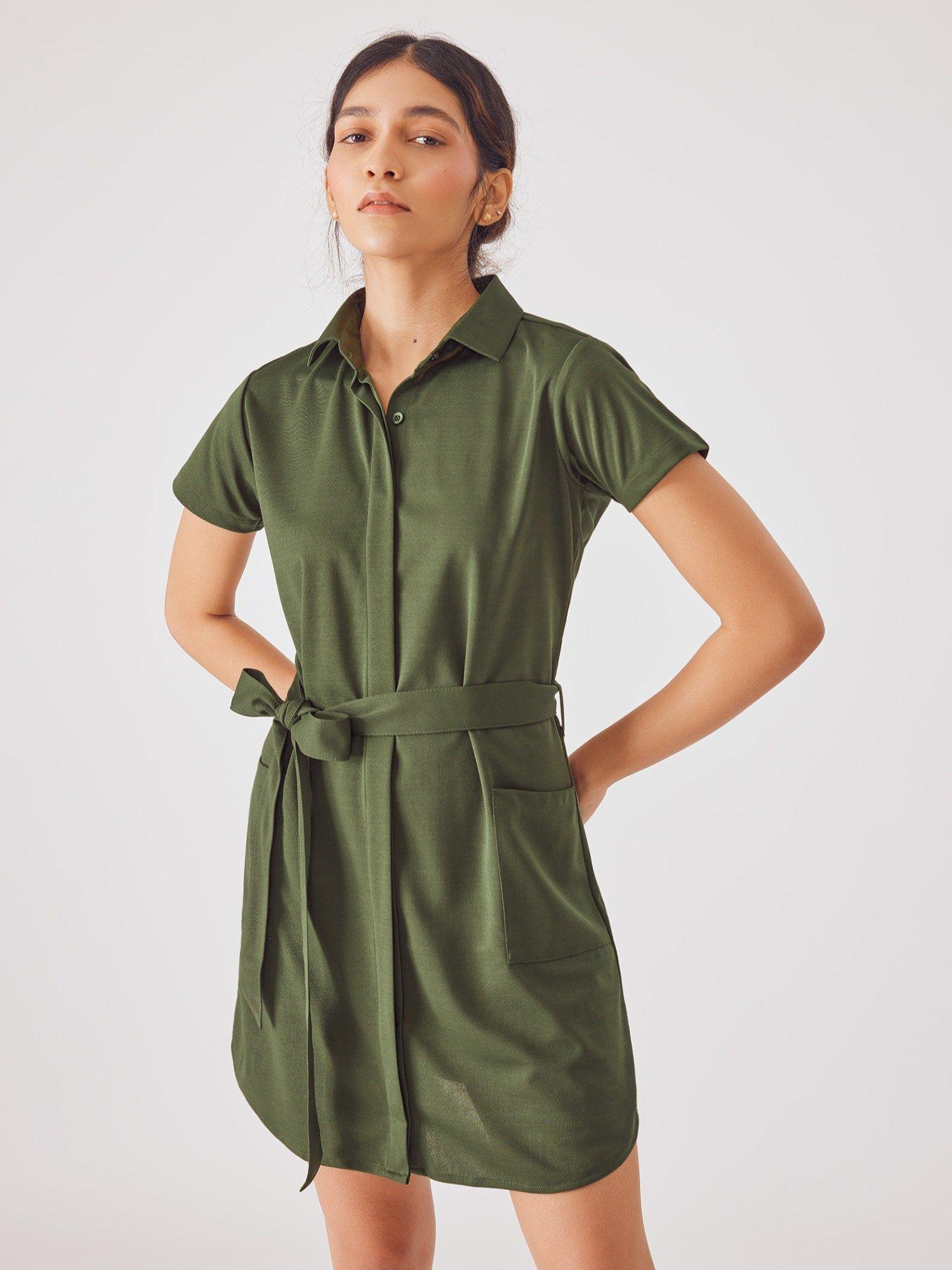 olive pocket shirt dress with belt (set of 2)
