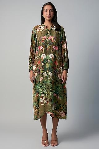 olive polyester crepe botanical printed midi dress